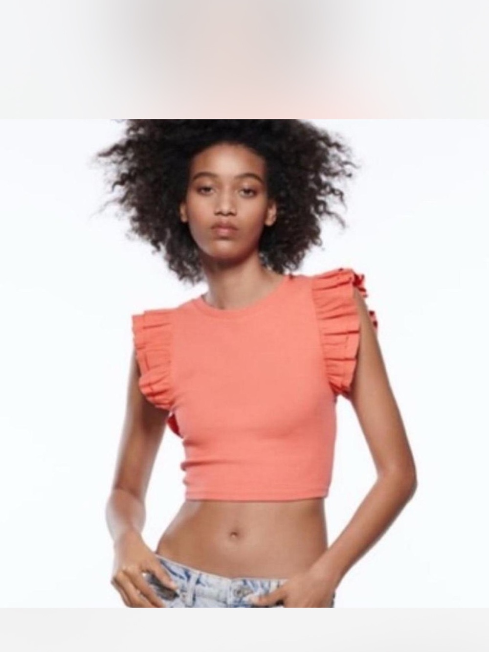 Zara Coral Pink Ruffled Ribbed Crop Top - Size S